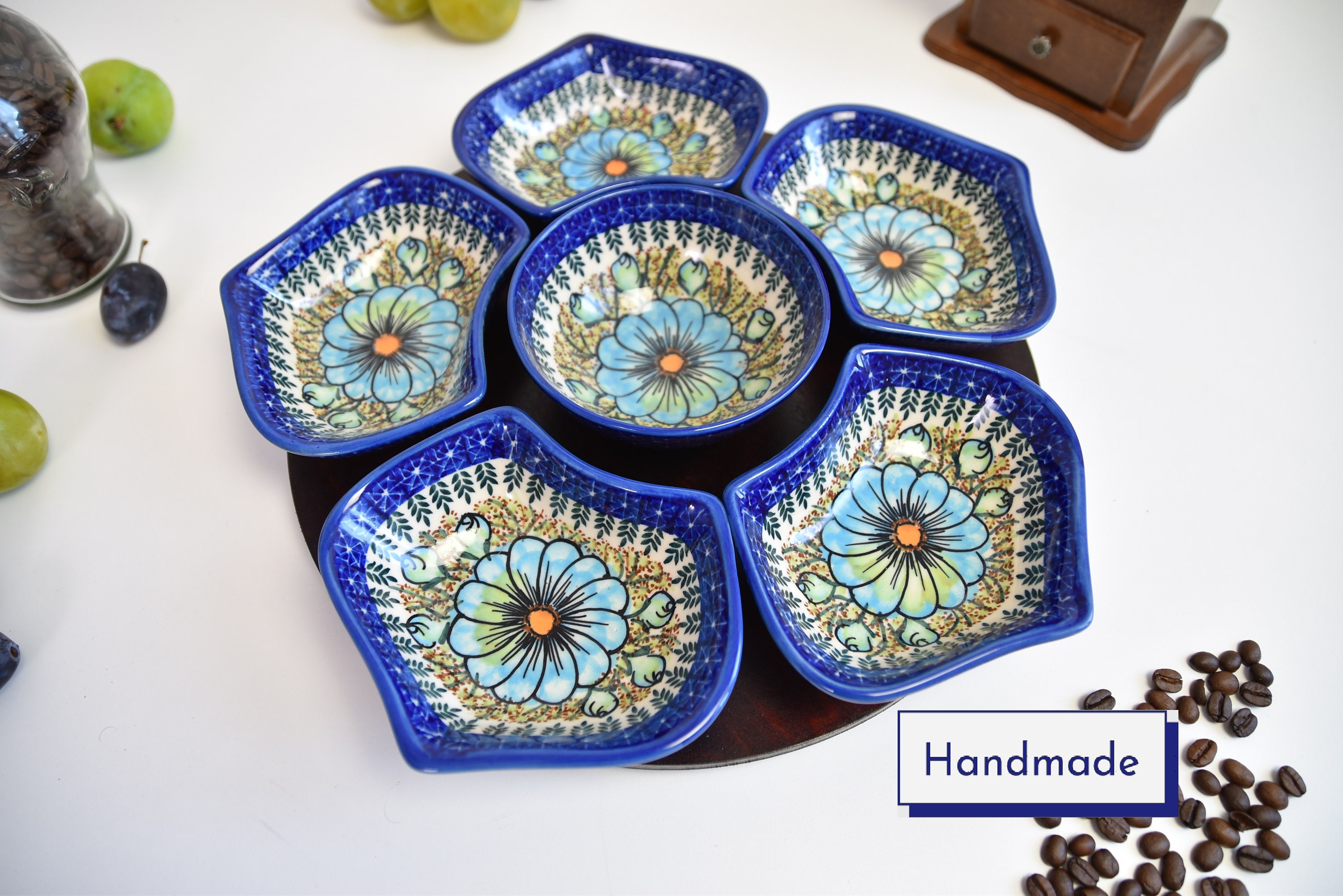Lazy Susan polish pottery for unique wedding gift ideas, Lazy susan with sides, Handmade dipping sauce bowls ceramic, Appetizer set rotating