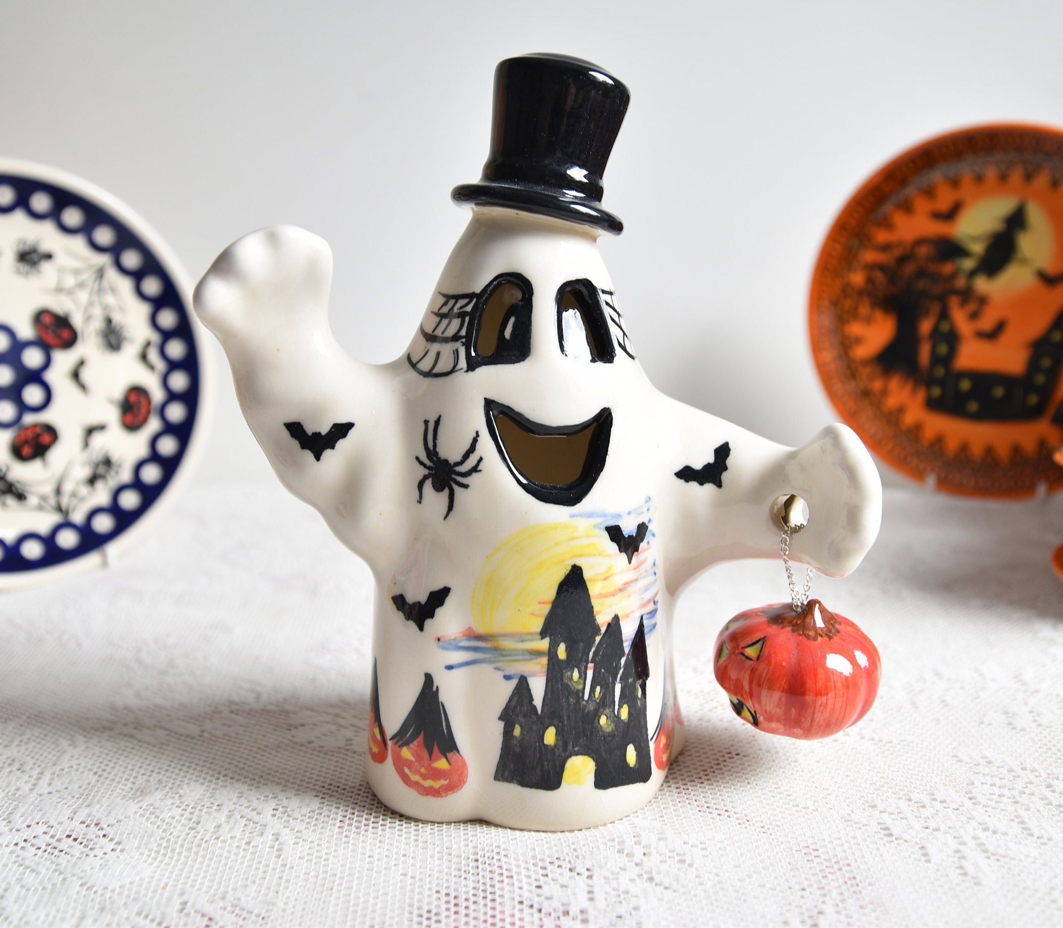 porte-bougie chauffe-plat d'halloween fait main en céramique boleslawiec, porte-bougie fantôme effrayant