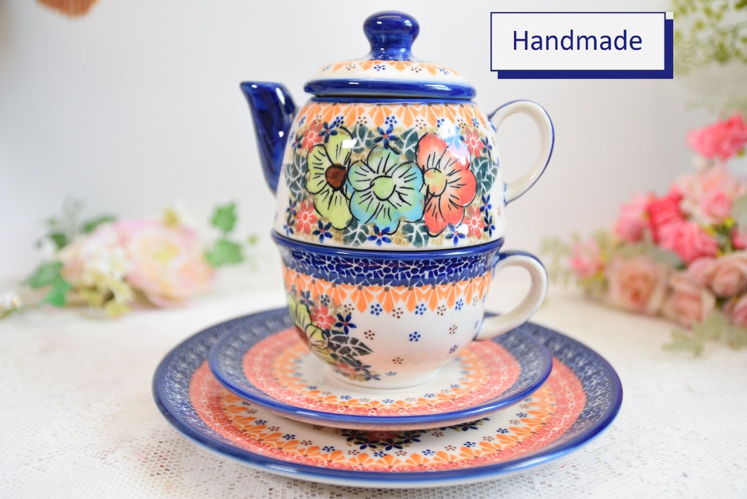 Floral Tea Kettle Tea Set for One Handmade Polish Pottery by