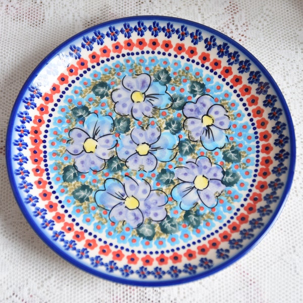 Polish pottery blue handmade dinnerware salad plates ceramic from Boleslawiec Poland, Poland pottery dessert plates blue polish folk art