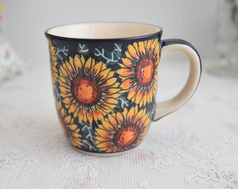 Sunflowers Boleslawiec polish pottery hand painted tea mug 13 oz made in Poland