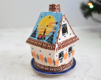 Boleslawiec pottery Christmas house shaped candle holder, Christmas candle house, Boleslawiec Christmas house ornaments, Polish pottery