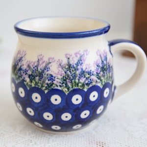 Polish pottery polka dot ceramic mug with handle handmade Boleslawiec pottery from Poland