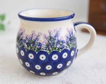 Polish pottery polka dot ceramic mug with handle handmade Boleslawiec pottery from Poland