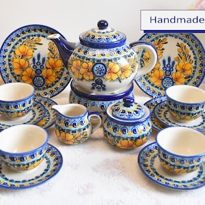 Hand painted Boleslawiec tea set for six polish pottery