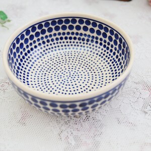 May include: A white ceramic bowl with a blue polka dot pattern. The bowl is round and has a wide rim.
