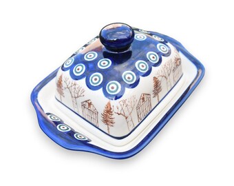 Polish pottery butter dish with lid handmade ceramic from Boleslawiec made in Poland with hand painted floral decorations and handle