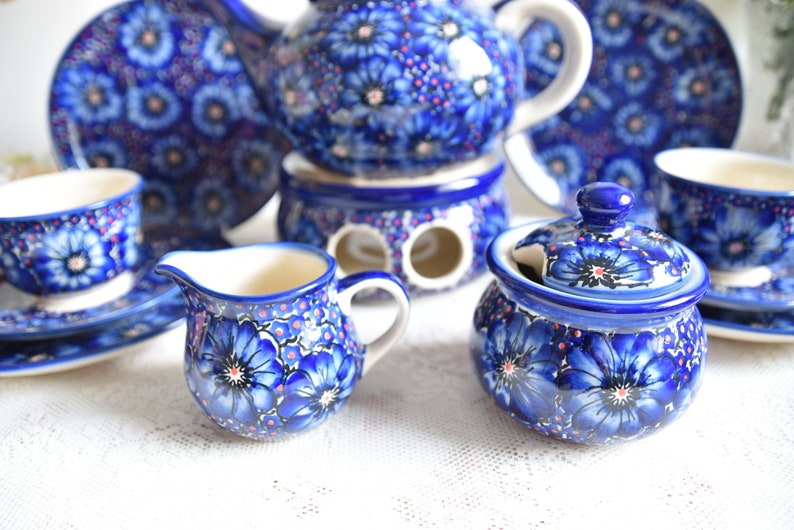 Handpainted Ceramic Tea Set With Floral Decoration, Polish Boleslawiec