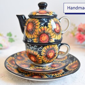 Sonnenblume Teekanne und Teetasse Set für eine, Bunzlauer Keramik Teekanne, Bunzlauer Keramik Frühstücksset, Bunzlauer Keramik Teegeschenk