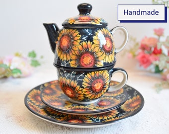Sunflower teapot and tea cup set for one, Polish pottery teapot, Boleslawiec tea cup, Ceramic breakfast set, Boleslawiec pottery tea gift