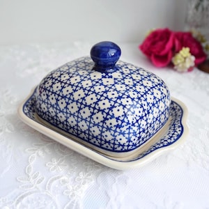 Polish Pottery Butter Dish Boleslawiec Handpainted Covered Dish with Lid Stoneware Butter Keeper Blue Folk Pattern
