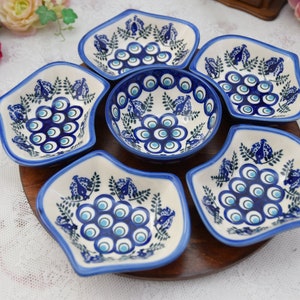 Boleslawiec polish pottery Lazy Susan with peacock decoration, Lazy Susan for wedding gift ideas handmade dipping sauce bowls