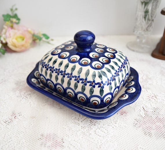Polish Pottery Butter Dish With Lid Handmade Ceramic From Boleslawiec Made in Poland With Hand Painted Floral Decorations and Handle
