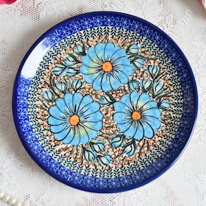 Polish pottery blue handmade dinnerware salad plates ceramic from Boleslawiec Poland, Poland pottery dessert plates blue polish folk art