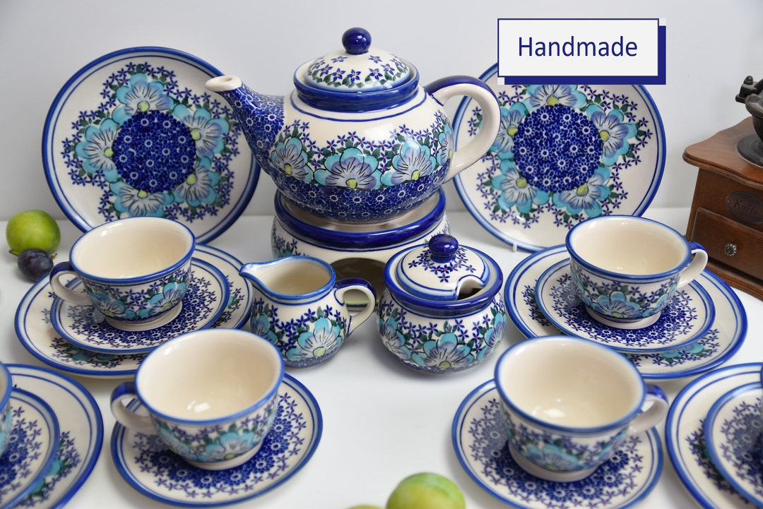 Polish Pottery Handpainted Tea Set With Flowers, Stoneware Tea Set With Tea  Pot Boleslawiec, Floral Tea Set, Handmade Tea Service Set for 6, - Etsy