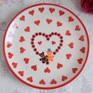Polish pottery dessert plate with heart Boleslawiec handmade Poland art