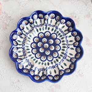 Polish pottery egg plate peacock pattern by Boleslawiec handmade Poland art