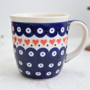 Made in Poland pottery ceramic mug with hearts Valentines day gift from Boleslawiec stoneware
