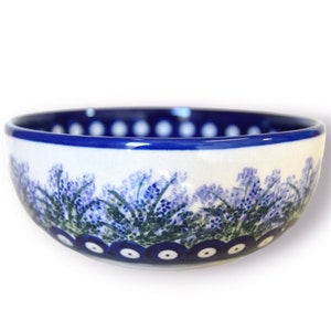 Polka dot polish pottery salad bowl with hand painted decoration made in Poland Boleslawiec