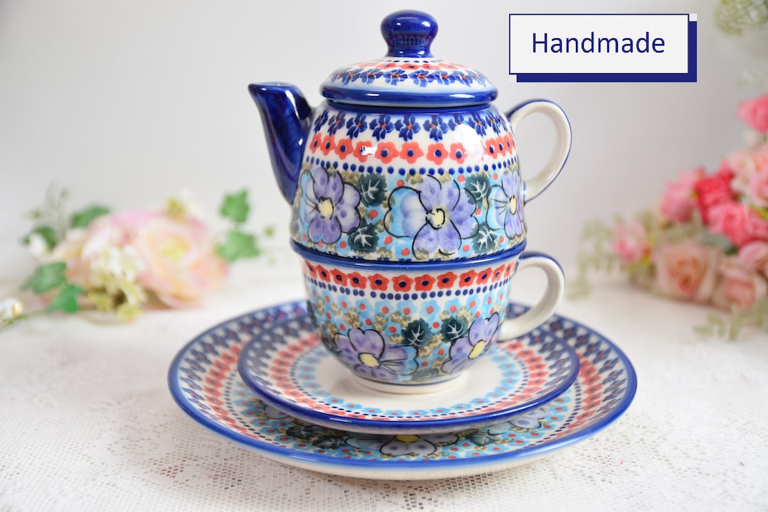 Polish Pottery Tea Set for One With Tea Cup and Saucer Polish Pottery