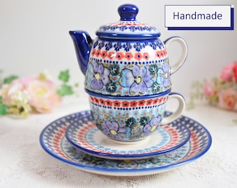 Polish pottery tea set for one with tea cup and saucer polish pottery from Boleslawiec with hand painted floral decorations