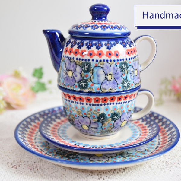 Polish pottery tea set for one with tea cup and saucer polish pottery from Boleslawiec with hand painted floral decorations