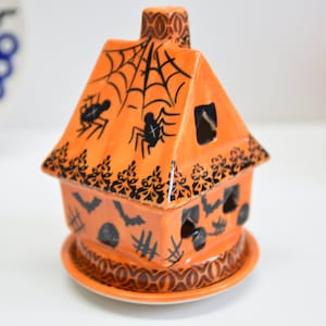Halloween tea light holder handmade ceramic Boleslawiec, Scary House light holder