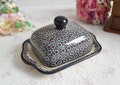 Polish pottery butter dish with lid handmade ceramic from Boleslawiec made in Poland with hand painted floral decorations and handle