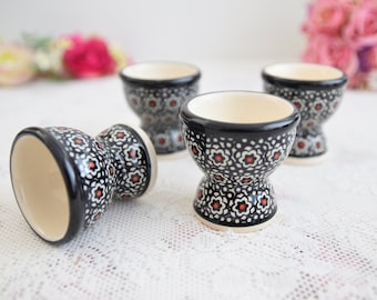 Unikat polish pottery egg cup holder set for four with hand painted flowers by Boleslawiec ceramic made in Poland