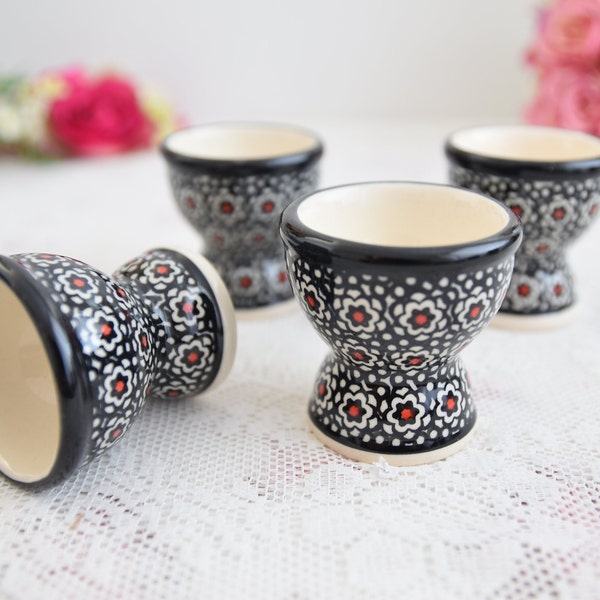 Unikat polish pottery egg cup holder set for four with hand painted flowers by Boleslawiec ceramic made in Poland