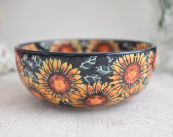 Sunflowers salad handmade blue bowl with hand painted decoration original ceramic from Boleslawiec