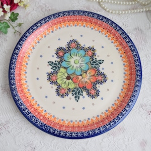 Polish pottery 11 inch dinner plate Boleslawiec handmade Poland art with floral decorations
