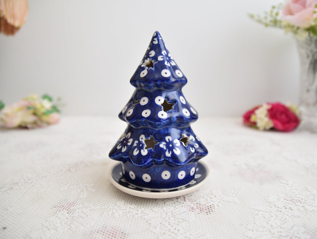 Polish Pottery Christmas Tree Shape Candle Holder, Boleslawiec