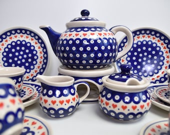 Handpainted Tea Set with Hearts Boleslawiec polish pottery, Stoneware Tea Set with Tea Pot,  Tea Cup Set, Handmade Tea Service Set for 6