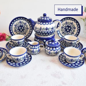 Made in Poland stoneware tea set Boleslawiec, Handmade stoneware dinnerware set polish pottery, Stoneware dinner set, Pottery dinnerware set