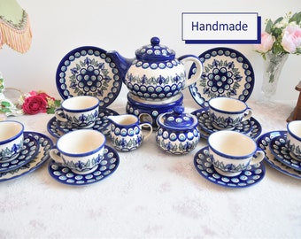 Made in Poland stoneware tea set Boleslawiec, Handmade stoneware dinnerware set polish pottery, Stoneware dinner set, Pottery dinnerware set