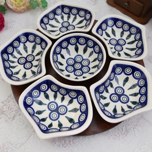 Polish pottery dipping bowls set Lazy Susan  large dipping sauce bowls set for table with handpainted peacock eye decoration