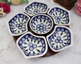 Polish pottery dipping bowls set Lazy Susan  large dipping sauce bowls set for table with handpainted peacock eye decoration