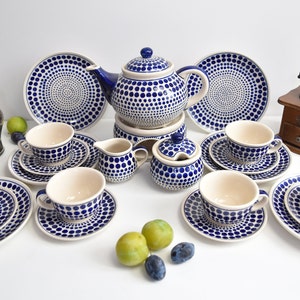 Stoneware tea set Boleslawiec, Stoneware dinnerware set polish pottery, Stoneware dinner set, Pottery dinnerware set, Handmade tea set