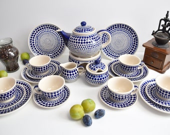 Stoneware tea set Boleslawiec, Stoneware dinnerware set polish pottery, Stoneware dinner set, Pottery dinnerware set, Handmade tea set