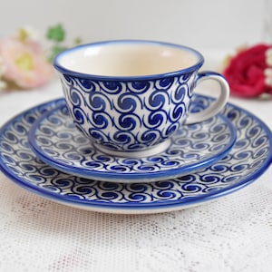 Trio cup saucer dessert plate, Floral cup for morning coffee, Stoneware coffee cup, Pottery cup and saucer set, Boleslawiec cup saucer hand