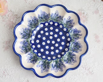 Plate for eggs unique polish pottery polka dot plate with hand painted lavendar decoration from Boleslawiec manufacture