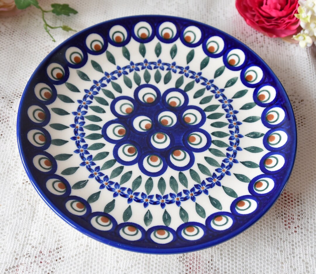 Polish Pottery Plate Peacock Pattern by Boleslawiec Handmade Poland Art