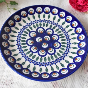 Polish pottery plate peacock pattern by Boleslawiec handmade Poland art