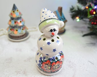 Boleslawiec Christmas polish pottery, Snowman candle holder handmade polish pottery, Christmas ceramics home decor, Snowman candle Christmas