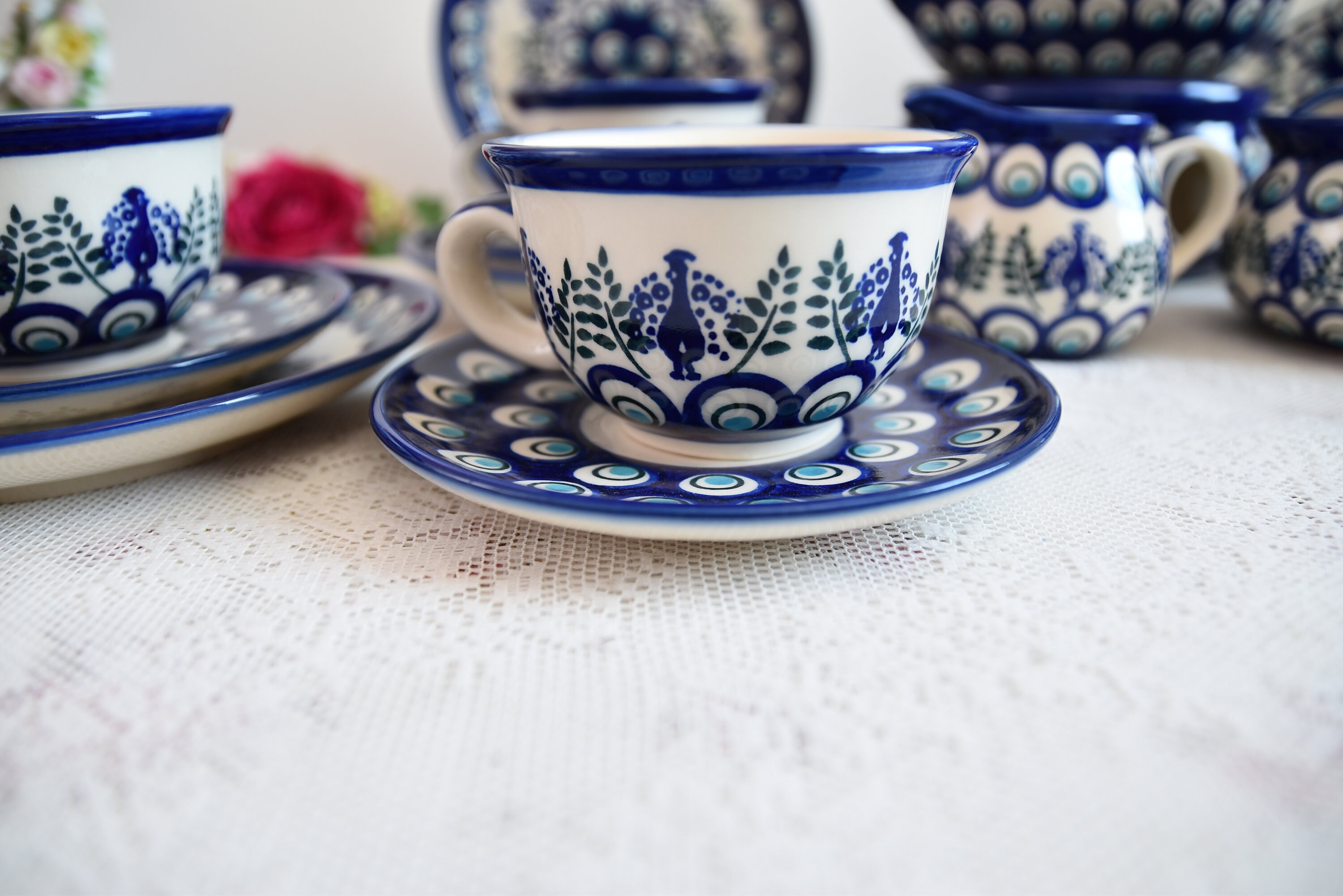 Made in Poland Stoneware Tea Set Boleslawiec, Handmade Stoneware