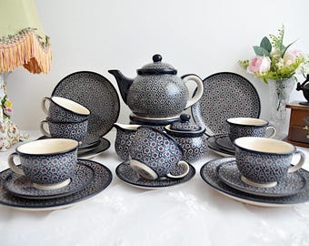 Made in Poland stoneware tea set Boleslawiec, Handmade stoneware dinnerware set polish pottery, Stoneware dinner set, Pottery dinnerware set