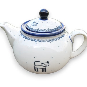 Tea pot hand made and handpainted kitty cat decoration polish pottery by Boleslawiec