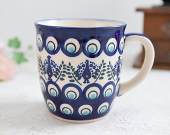 Polish pottery peacock pattern ceramic mug handmade with handle Bunzlau keramik Boleslawiec Poland