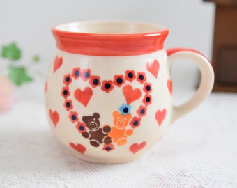 13 oz coffee cauldron mug with hearts polish pottery handmade Boleslawiec stoneware from Poland